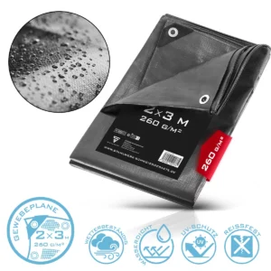 STAHLWERK Bâche de protection avec œillets 2 x 3 m 260 g/m² bâche de protection imperméable | bâche en tissu | bâche de jardin | bâche pour bateau | bâche en bois | bâche PE