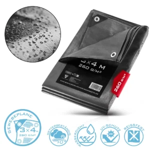 STAHLWERK Bâche de protection avec œillets 3 x 4 m 260 g/m² bâche de protection imperméable | bâche en tissu | bâche de jardin | bâche pour bateau | bâche en bois | bâche PE