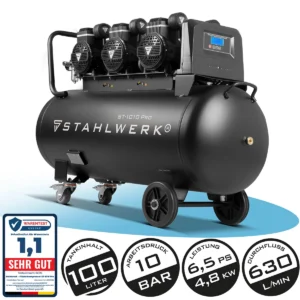STAHLWERK Compresseur d'air comprimé ST 1010Pro, Compresseur silencieux avec 10bar, réservoir de 100L, 69dB et 3 moteurs Brushless inusables d'une puissance totale de 5,67PS/4170W